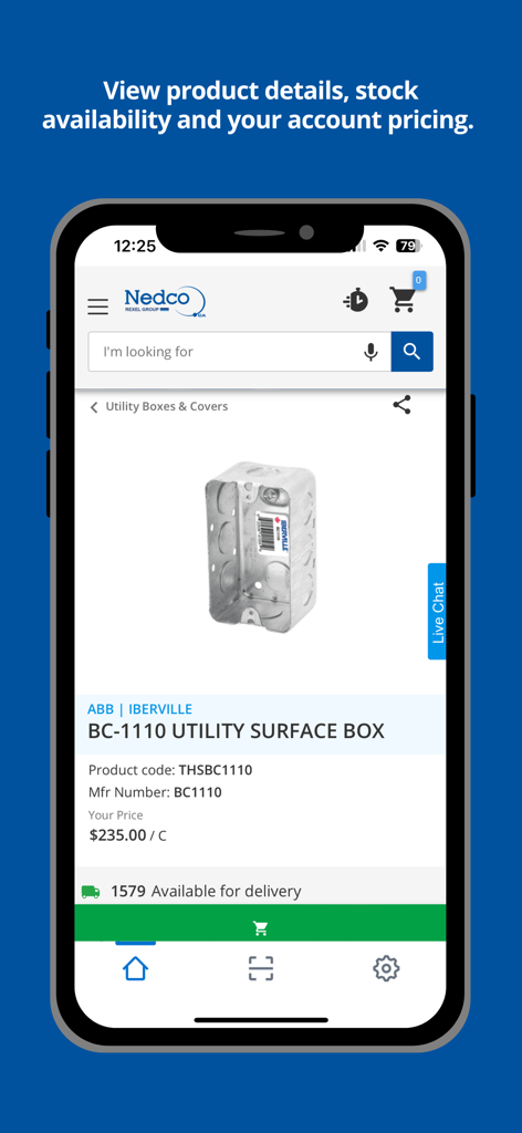 Nedco - Nedco mobile app displaying electrical product details with account pricing and stock availability