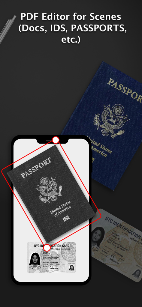 PDF Scanner Pro for Document - PDF Scanner Pro app interface showing the automatic cropping tool scanning a US passport and identification card