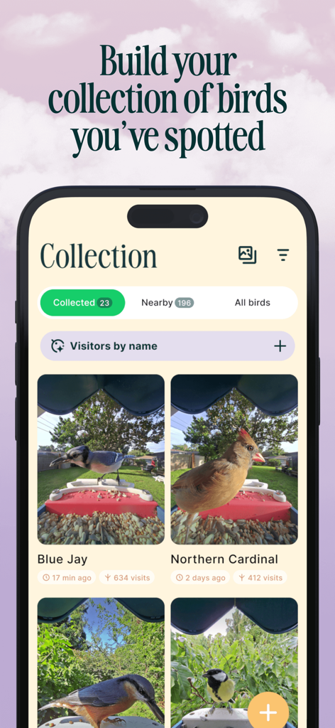 Birdbuddy: ID & Collect Birds - Birdbuddyアプリの画面には、Blue JayやNorthern Cardinalを含む鳥の写真のデジタルコレクションが表示されています。