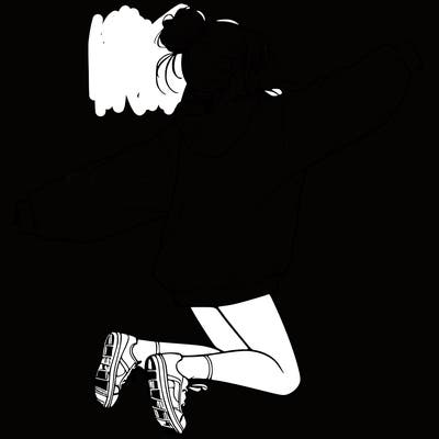 realistic girl jumping with a bun and oversized sweatshirt