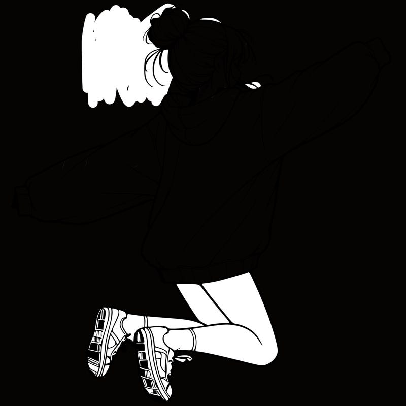 realistic girl jumping with a bun and oversized sweatshirt