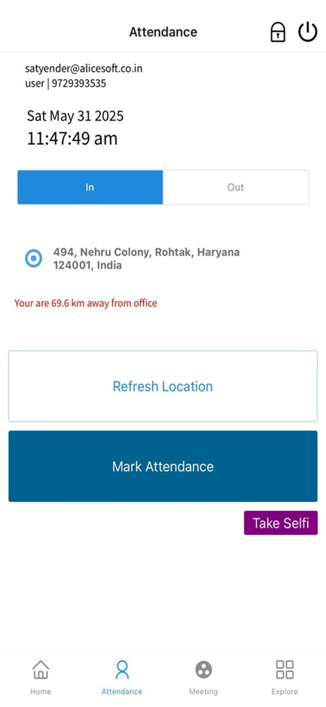 Alice Attendance mobile app interface for marking employee attendance with real-time geo-location tracking