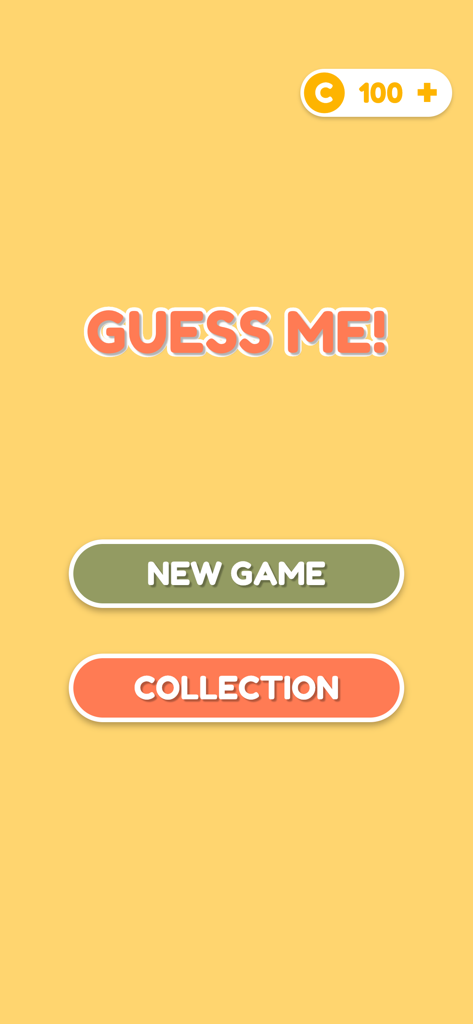 Guess Me!!! - The home screen of the Guess Me word game app showing New Game and Collection buttons