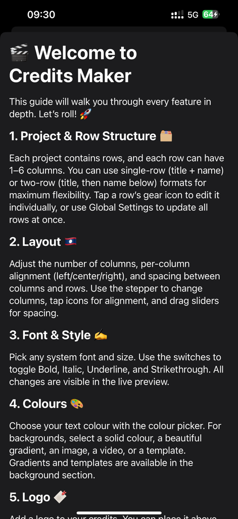 Welcome screen of the End Credits Maker app listing features like project structure layout font styles and color customization