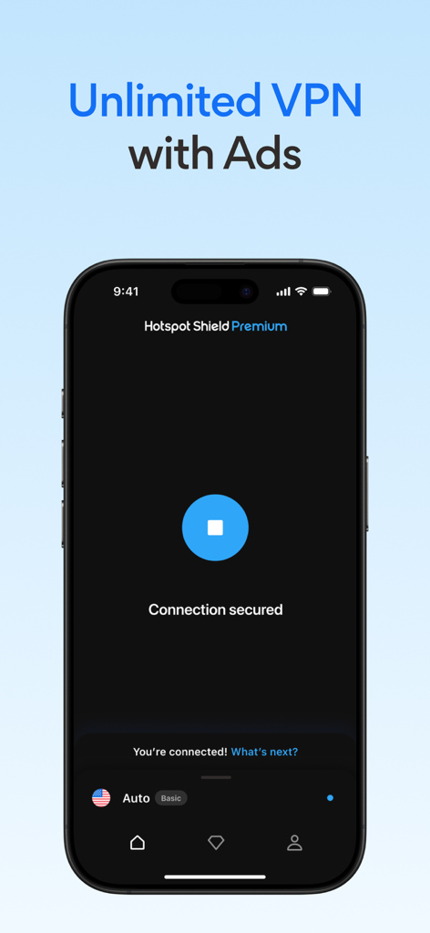 Aplicativo Hotspot Shield VPN mostrando o status de conexão segura em uma tela de iPhone