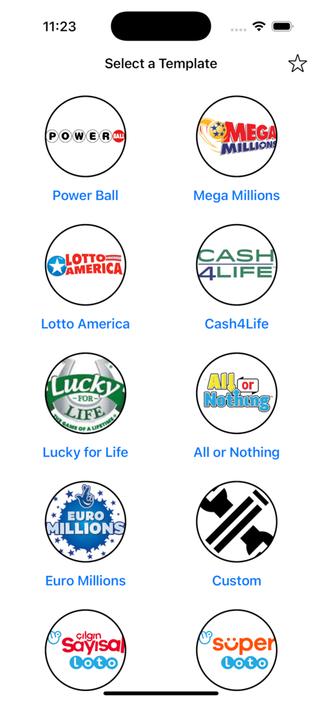 Pick Your Lucky Numbers - A selection screen showing different lottery templates like Powerball and Mega Millions in the Pick Your Lucky Numbers app.