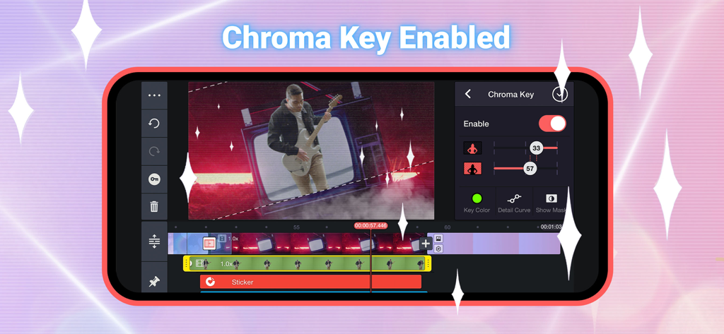 Interfaz móvil de KineMaster mostrando configuraciones de clave de croma para edición de video con pantalla verde