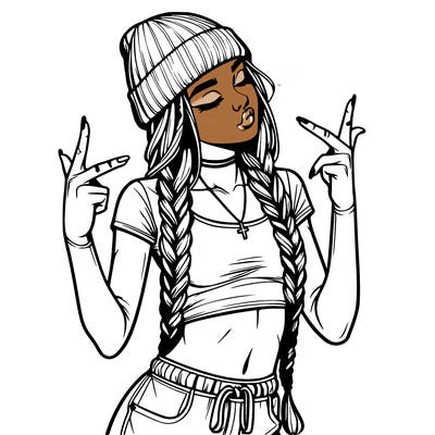 realistic teenage girl with braids and a beanie and crop top doing 🫶🏼