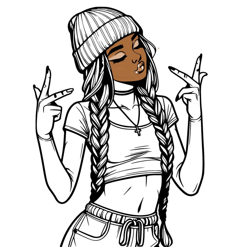 realistic teenage girl with braids and a beanie and crop top doing 🫶🏼