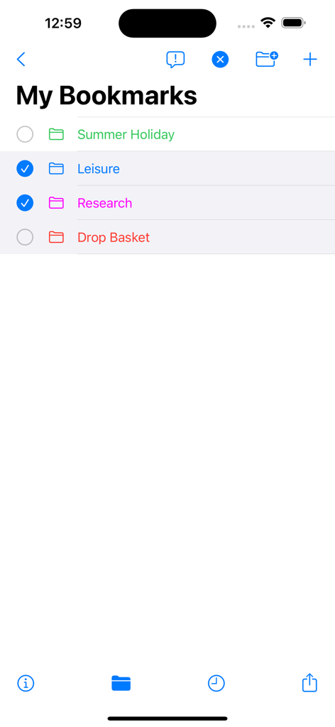 Lista organizada de pastas de favoritos codificadas por cores no aplicativo móvel URL Manager Pro