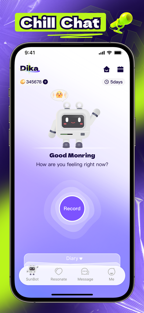 Dika - Tela inicial do aplicativo Dika apresentando o companheiro de IA SunBot com um botão de gravação de voz para rastreamento de humor e apoio emocional.