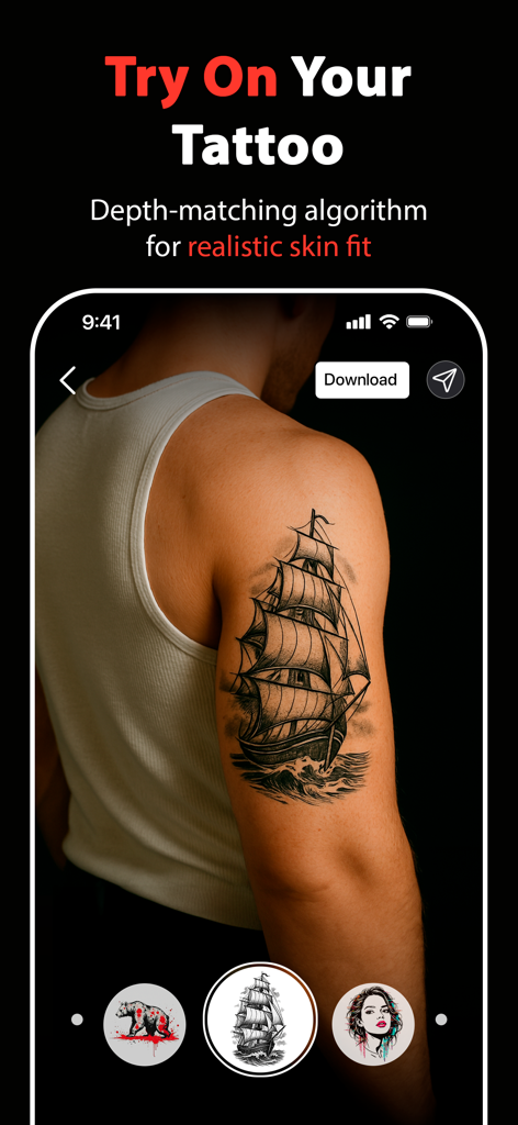 Realistische AR-Tattoo-Anprobe eines Segelschiffs auf dem Arm eines Mannes in der Inkit-App
