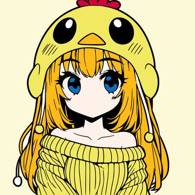 anime girl with chick shaped hat with sweater with bare shoulders with bangs covering them one eye with low tail