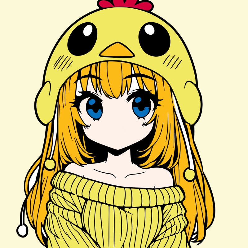 anime girl with chick shaped hat with sweater with bare shoulders with bangs covering them one eye with low tail