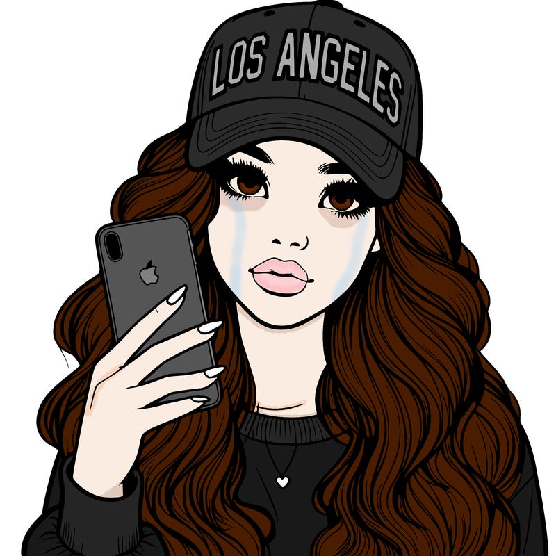realistic beautiful girl wearing los ángeles cap holding an iphone
