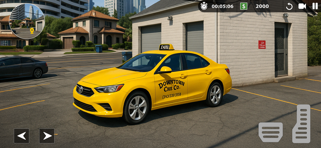 Taxi Driver Car Driving Games - A yellow taxi car parked in a city simulation game