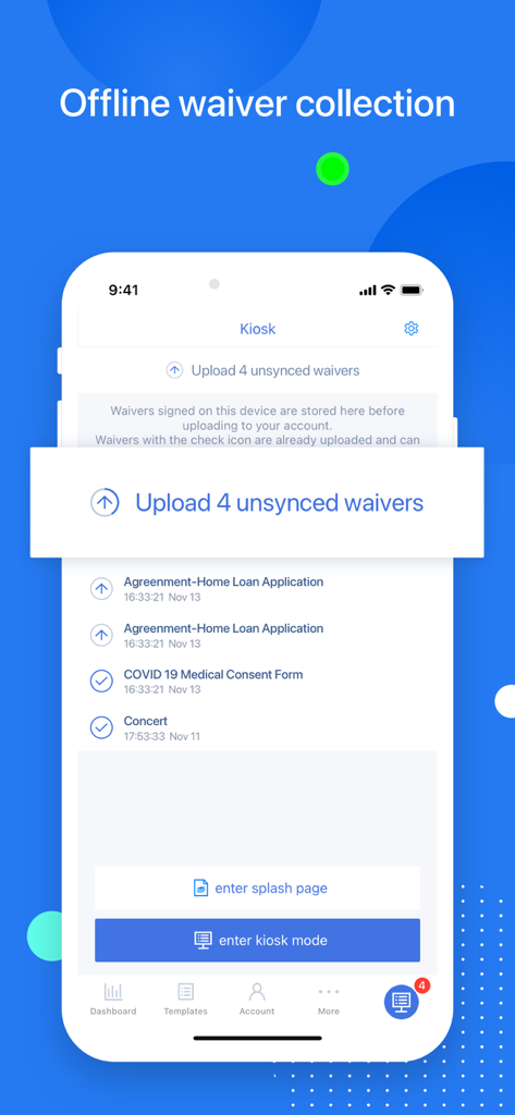 WaiverForever - Online Waiver - WaiverForever app screen displaying offline waiver collection and kiosk mode options for businesses