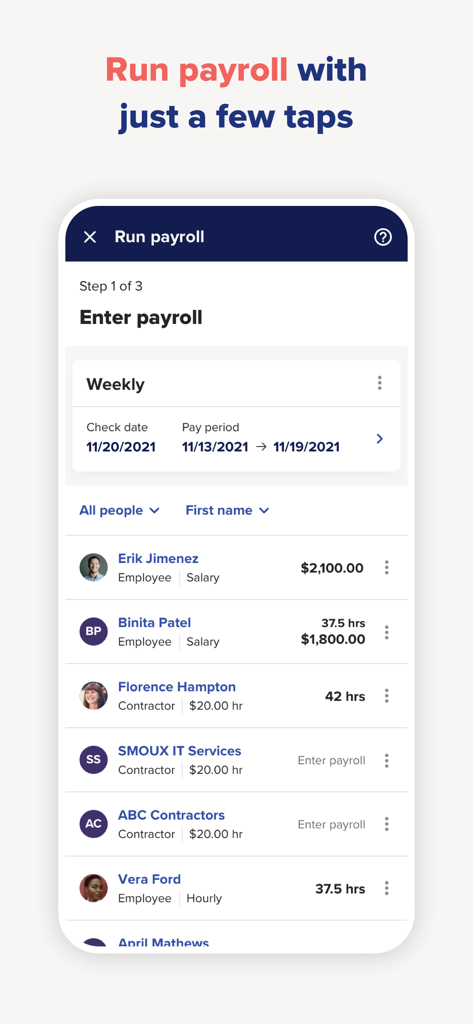 ADP RUN mobile app interface showing the first step of entering payroll for a list of employees and contractors