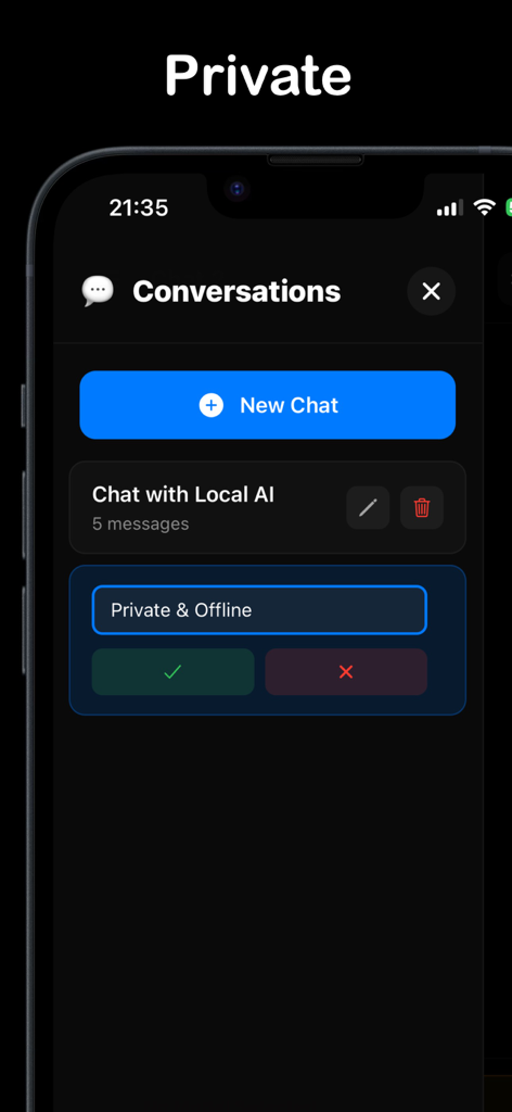 Local AI - Private & Offline - Interface of the Local AI app showing the conversations management screen with a New Chat button