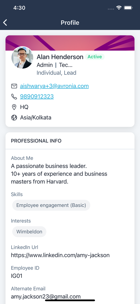 peopleHum - A detailed employee profile screen in the peopleHum app featuring professional background and contact information.