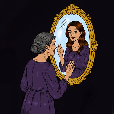 an old lady looking at her younger self in the mirror reminiscing