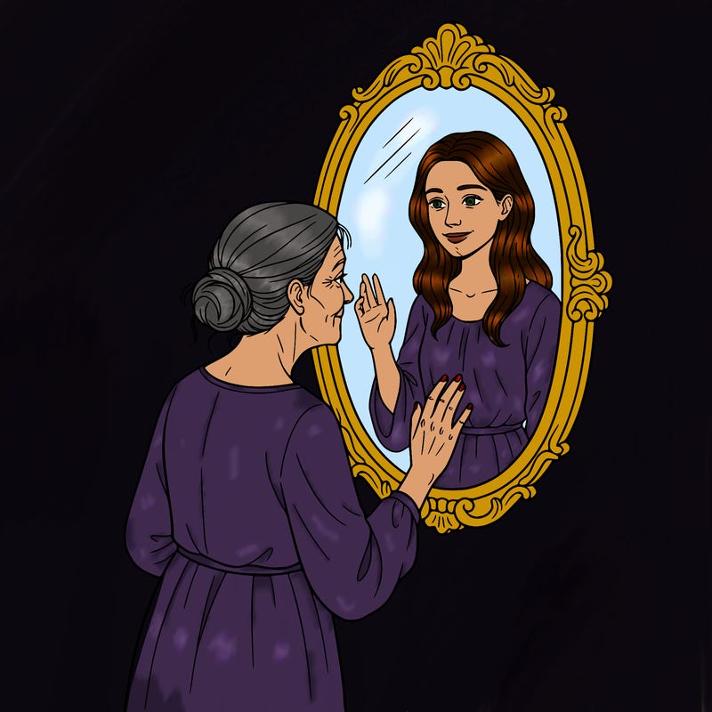 an old lady looking at her younger self in the mirror reminiscing