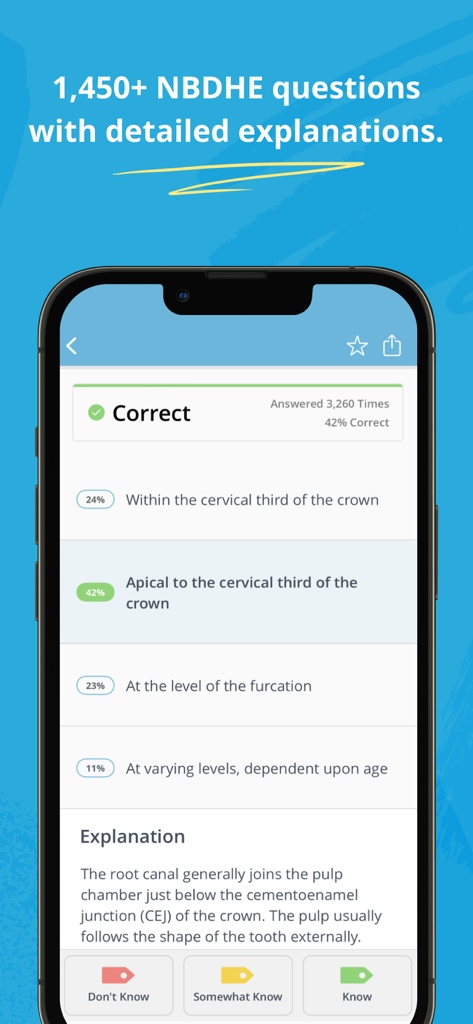 A practice question on the Dental Hygiene Mastery app showing a correct answer and detailed explanation with study progress buttons.