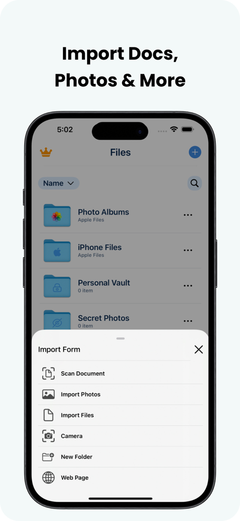 Mobile App-Bildschirm, der das Importmenü für Dokumente und Fotos im IDM Download Manager anzeigt.