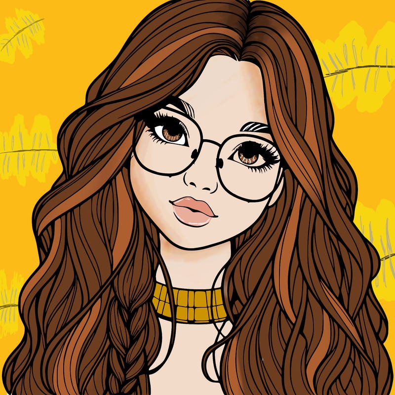 girl with long hair and freckles and glasses realistic