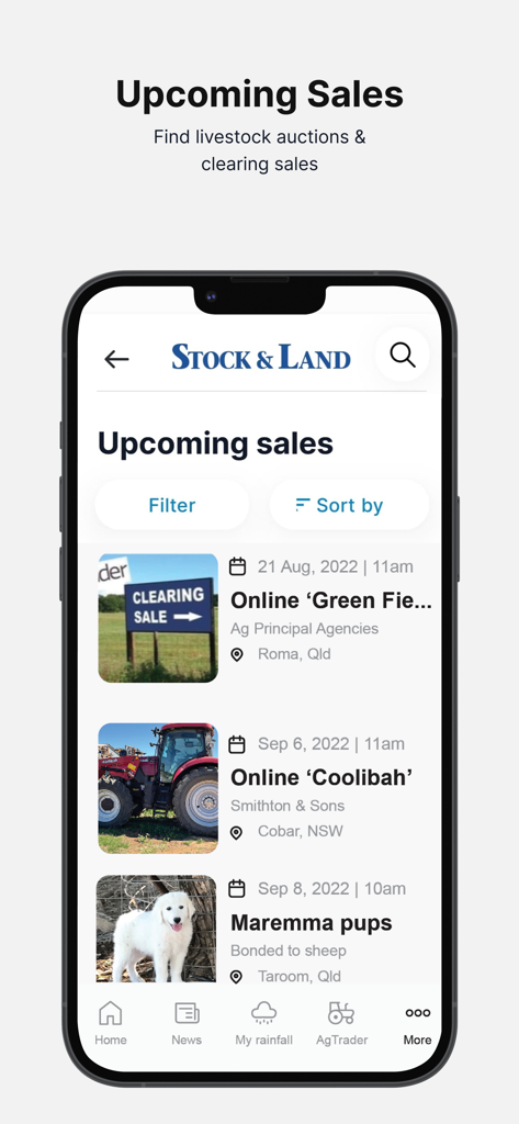 Stock & Land: News & Livestock - Stock and Land app screen showing upcoming livestock auctions and agricultural clearing sales.