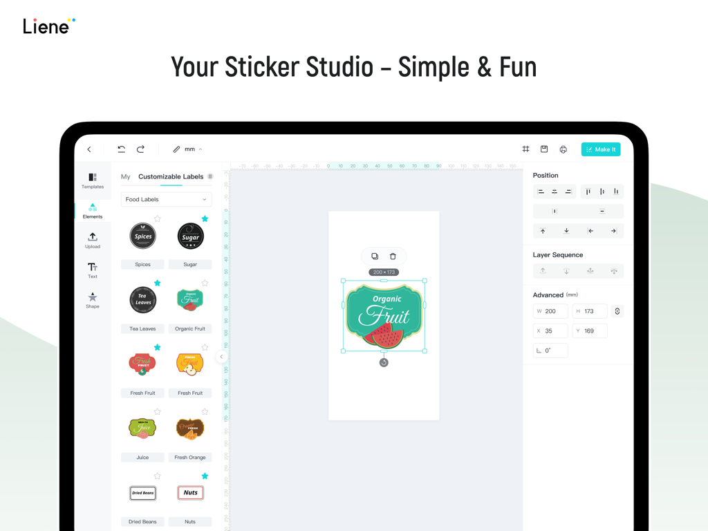 Liene Photo HD - Interface of the Liene Photo HD app on a tablet showing tools for designing custom food labels and stickers.