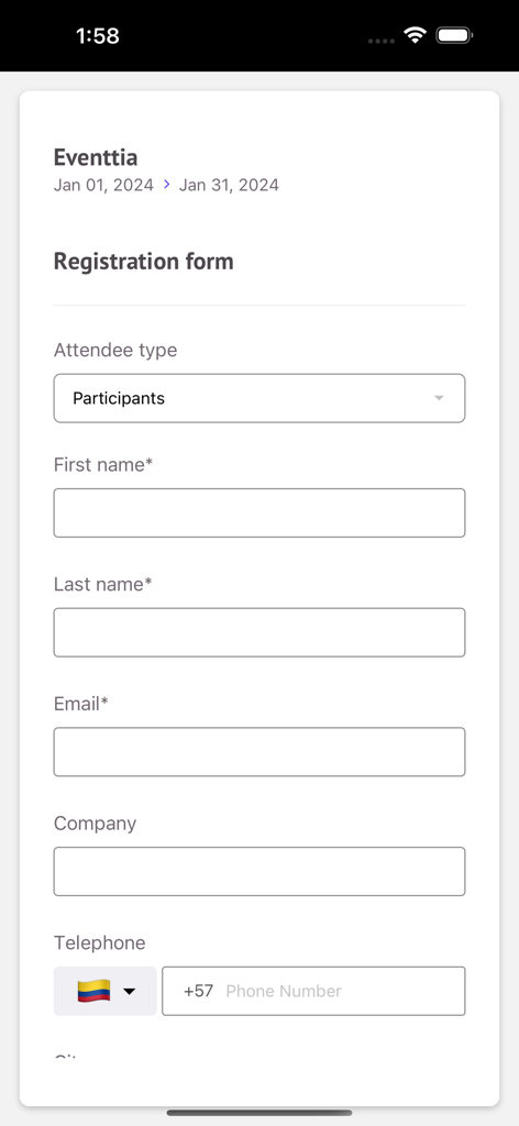 Eventtia On Site - Attendee registration form in the Eventtia On Site mobile app