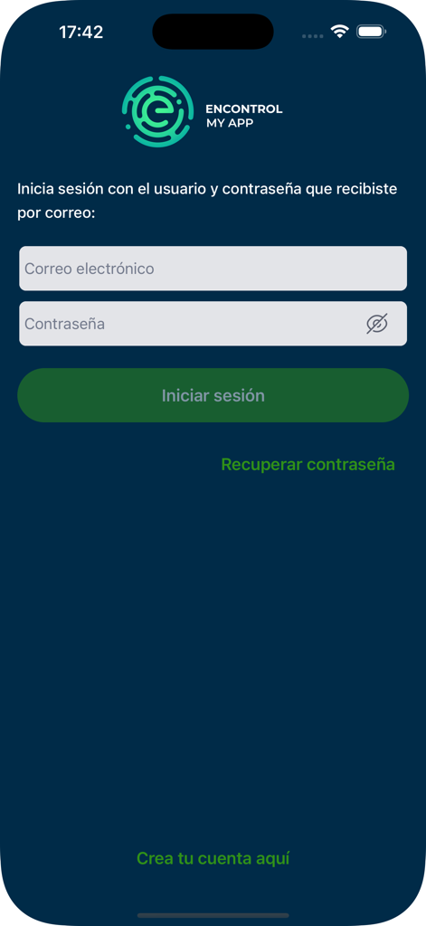 Encontrol My App - Pantalla de inicio de sesión de la aplicación de rastreo de vehículos y gestión de flotas Encontrol My App