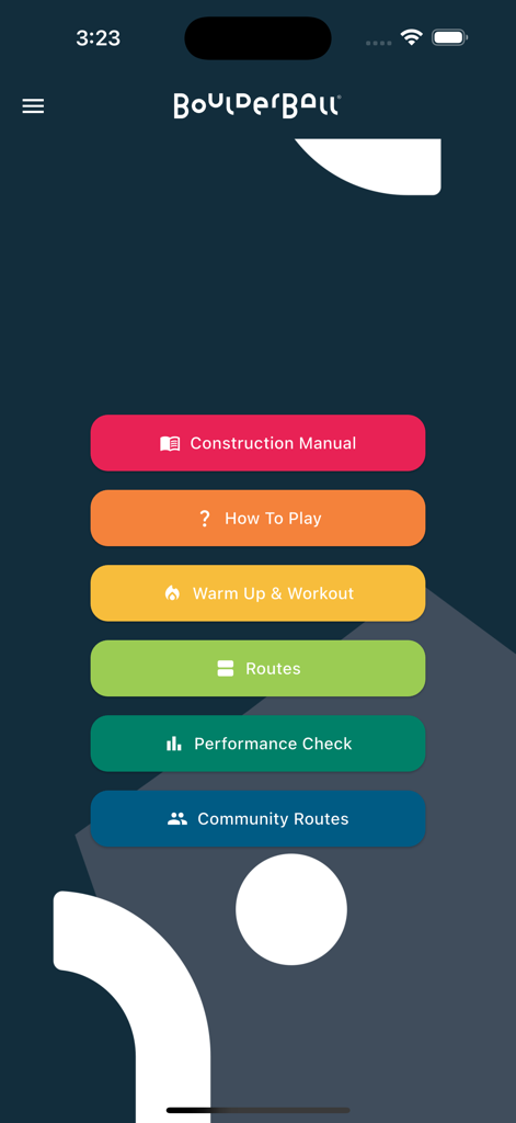 Menu de navigation principal de l'application Boulderball montrant les options d'entraînement, de voie et de suivi des performances.