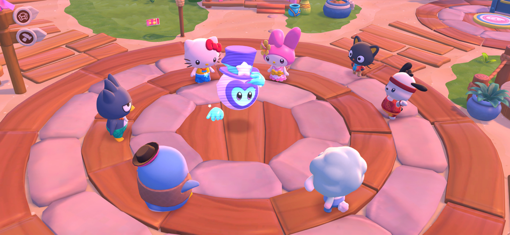 Hello Kitty Island Intro - Hello Kitty y sus amigos de Sanrio reunidos en círculo sobre una plataforma de madera en un resort tropical