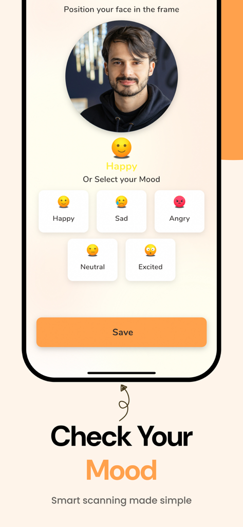 Mood AI app interface showing a face scan feature and emoji mood selection buttons
