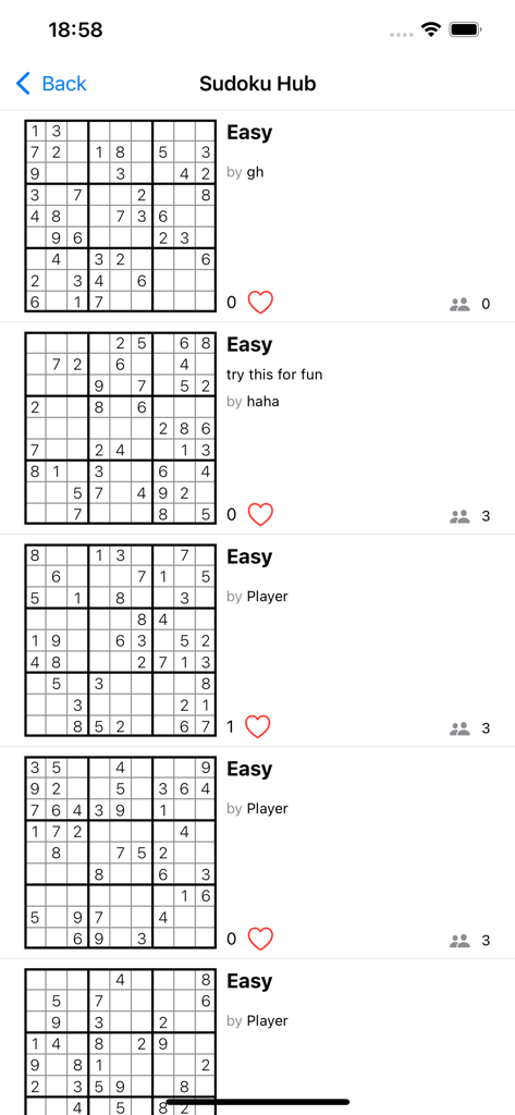 Sudoku: Daily Number Puzzle - Lista de puzzles fáciles compartidos por usuarios en el Sudoku Hub