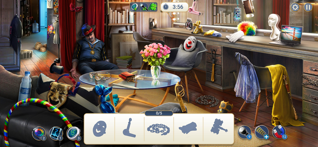 A detective gameplay screen showing a hidden object scene in a cluttered theatrical dressing room