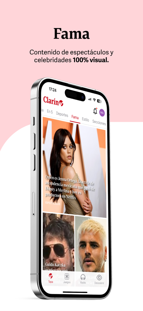 Clarín.com - Smartphone screen displaying the Fama section of the Clarin news app with visual celebrity content