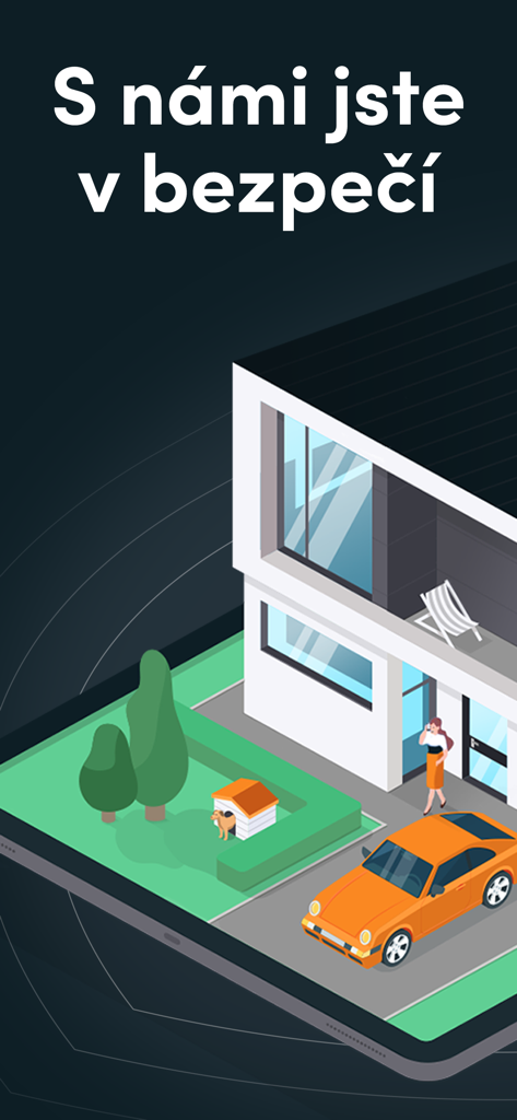 GlobalSec - Isometric illustration of a house with a car and dog symbolizing comprehensive security and tracking