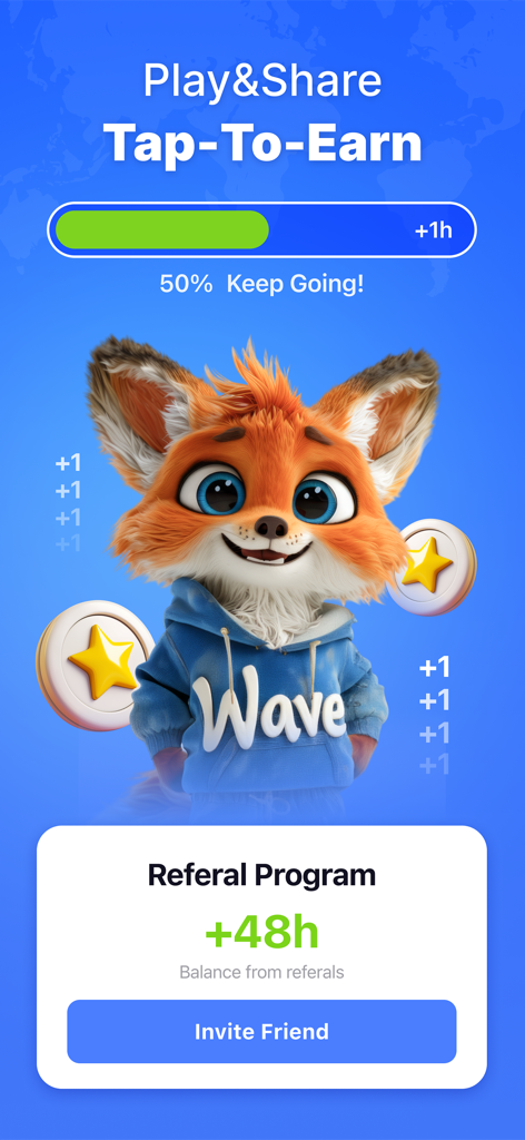 VPN Wave Proxy & AdBlock Pro - VPN Wave App-Oberfläche, die das Empfehlungsprogramm und 'Tap To Earn'-Belohnungen mit einem Fuchsmotiv zeigt.