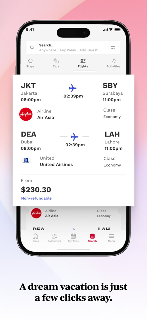 Oberfläche der IntelePro Mobile App mit verfügbaren Flugbuchungsoptionen für Reiseberater.