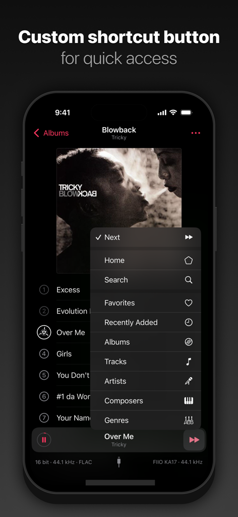Pentaton app interface featuring a custom shortcut button for quick navigation