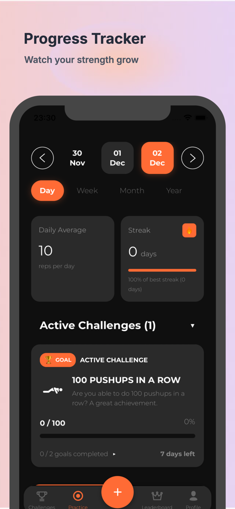 Tela de rastreamento de progresso no aplicativo Desafios PushUP mostrando estatísticas diárias e metas de treino ativas.
