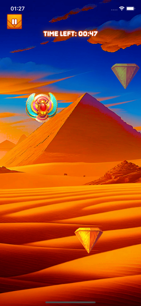 Ancient Spike Assault! - A winged scarab flying in an ancient Egyptian desert with pyramids and diamond spikes