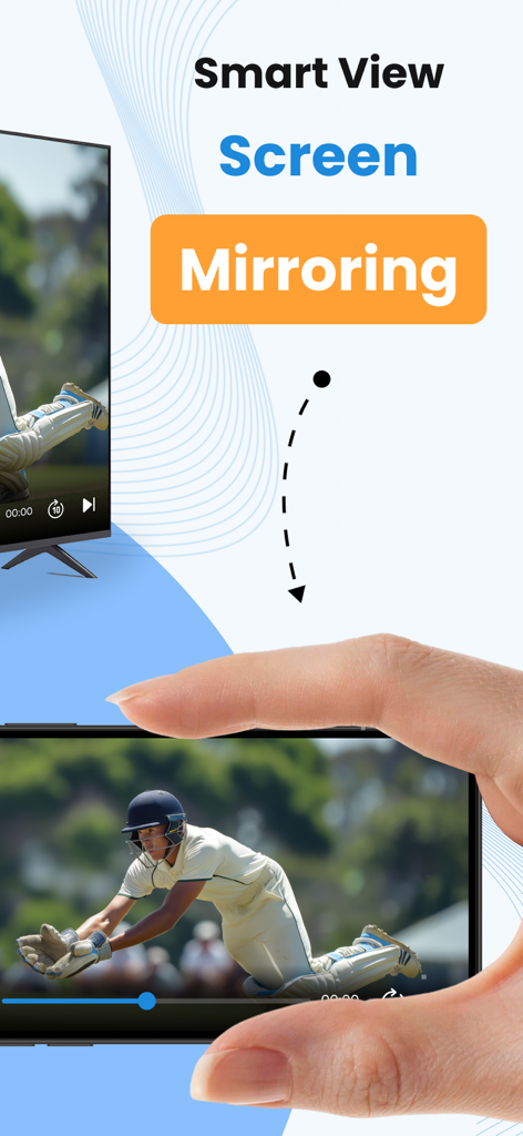 Smart View : Screen Cast - Uma mão segurando um iPhone espelhando um vídeo de esportes em uma smart TV usando o aplicativo Smart View