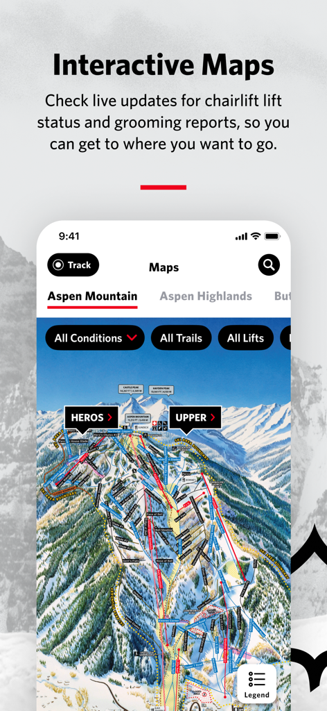 Aspen Snowmass App - Interactive trail map of Aspen Mountain in the Aspen Snowmass app with live chairlift status and grooming reports