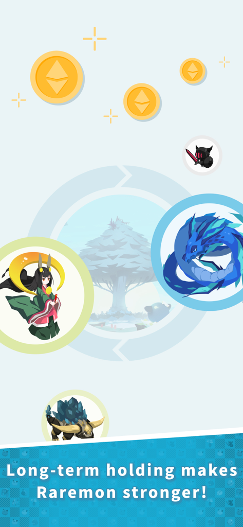 EGGRYPTO: Hatch! Own! Monster - A game screen from EGGRYPTO showing various monsters and text stating that long-term holding makes Raremon stronger.