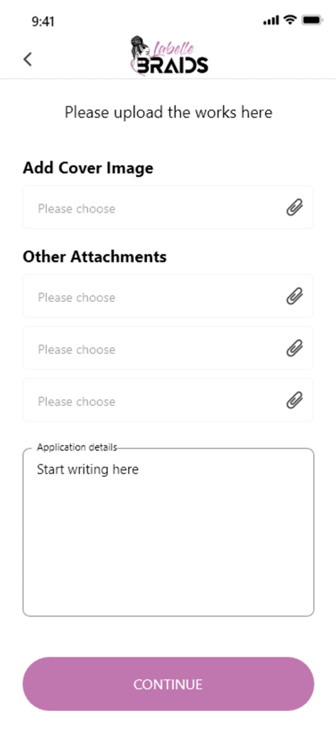 Labelle Braids - ヘアスタイリストがポートフォリオ画像や申請詳細をアップロードするためのLabelle Braidsアプリのインターフェース