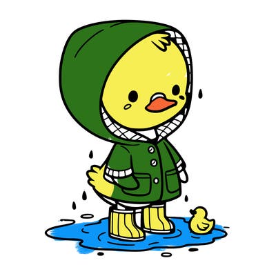 baby duck in a rain coat and boots, in a puddle while it’s raining